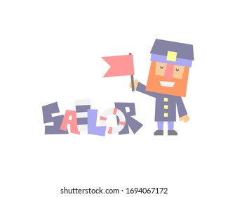 sailor with a flag. stylized inscription. simple flat illustration.