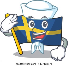 Sailor flag sweden character hoisted in cartoon pole