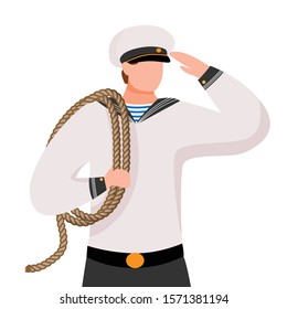 Sailor flat vector illustration. Maritime academy. Seaman in work uniform. Marine occupation. Seafarer with rope isolated cartoon character on white background