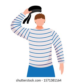 Sailor flat vector illustration. Seafarer in work uniform. Yacht club. Maritime occupation. Boatswain salutes isolated cartoon character on white background