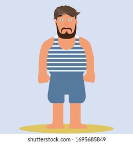 Ilustración vectorial plana del marinero. Camarero con uniforme de trabajo. Caricatura de marinero, marinero en pantalones cortos de vacaciones