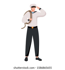 Sailor flat vector illustration. Seaman in work uniform. Maritime academy. Marine occupation. Seafarer with rope isolated cartoon character on white background