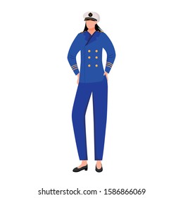 Sailor flat vector illustration. Seawoman in captain uniform. Navigator on passenger fleet. Marine occupation. Seafarer isolated cartoon character on white background