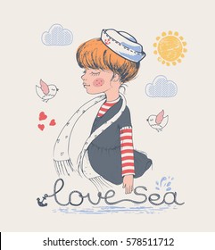 Sailor girl/ hand drawn vector illustration/ can be used for kid's or baby's shirt design/ fashion print design/ fashion graphic/ t-shirt/ kids wear