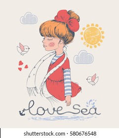 Sailor girl/ hand drawn vector illustration/ can be used for kid's or baby's shirt design/ fashion print design/ fashion graphic/ t-shirt/ kids wear