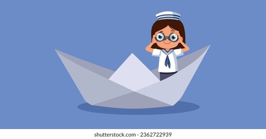 
Sailor Girl Looking with binoculars Sitting on a paper Boat Vector Cartoon. Little kid feeling curious exploring with fantasy and imagination
