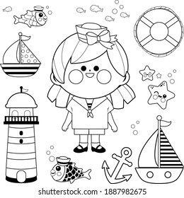 Sailor girl and nautical vector set. Vector black and white coloring page.