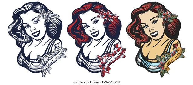 Sailor girl pin up style. Old school tattoo vector art. Hand drawn cartoon character set. Isolated on white. Traditional tattooing style 