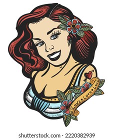 Sailor girl pin up style. Old school tattoo vector art. Hand drawn graphic. Isolated on white. Traditional flash tattooing