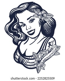 Niña marinera con estilo. Arte vectorial del tatuaje de la vieja escuela. Gráfico dibujado a mano. Aislado en blanco. Tatuajes tradicionales de flash