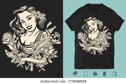 Sailor girl pin up style. One color creative print for dark clothes. T-shirt design. Template for posters, textiles, apparels. Sea woman, steering whell and flowers 