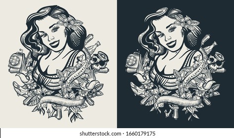 Sailor girl, pin up style. Sea woman, steering wheel, anchor and flowers. Template for clothes, covers, emblems, stickers, poster and t-shirt design. Typography art. Vector illustration 