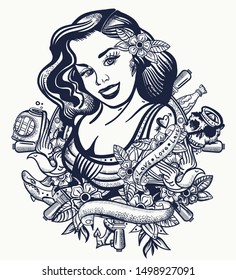 Sailor girl pin up style. Tattoo and t-shirt design. Sea woman, steering whell, anchor and flowers. Old tattooing art 