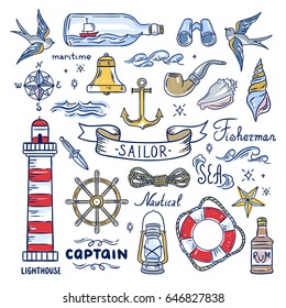 Sailor hand drawn elements. Nautical illustrations: lighthouse, sea waves, captain objects, seashells