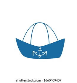 Sailor hat with anchor isolated on white background. Classic blue and white. Simple flat vector illustration. Icon design. Cartoon style. Sea and ocean. Captain uniform. Seaman clothing. Job on ship