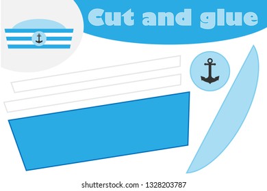 Sailor hat in cartoon style, education game for the development of preschool children, use scissors and glue to create the applique, cut parts of the image and glue on the paper, vector illustration