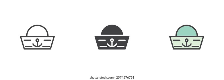 Sailor hat different style icon set. Line, glyph and filled outline colorful version, outline and filled vector sign. Captain hat symbol, logo illustration. Vector graphics