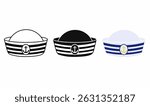 Sailor hat icon in line, solid, and color styles. Nautical cap with anchor emblem. Perfect for marine, navy, kids costume, cartoon, or sea adventure design.