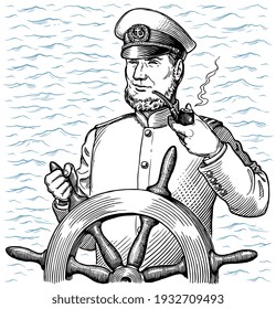 Sailor at the helm against the background of the sea. Art detailed editable illustration. Vector vintage engraving. Isolated on white background. 8 EPS