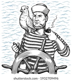 Sailor at the helm against the background of the sea. Art detailed editable illustration. Vector vintage engraving. Isolated on white background. 8 EPS