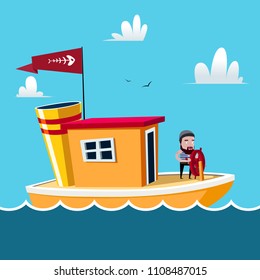Sailor at the Helm of Fishing Ship