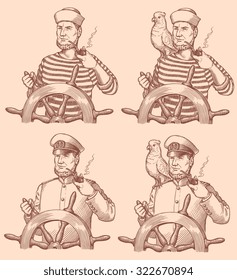 The sailor with the helm and a parrot. Design set. Hand drawn engraving. Vector vintage illustration. 8 EPS