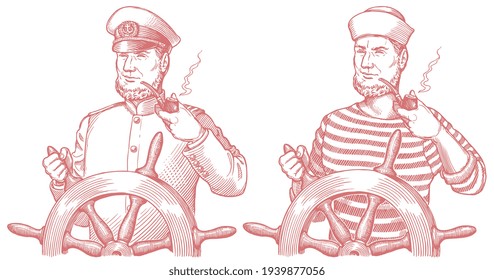 Sailor at the helm of the ship. Art detailed editable illustration. Vector vintage engraving. Isolated on white background. 8 EPS