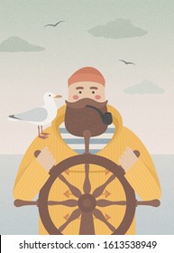 Sailor at the helm smoking pipe. Vector fisherman with a seagull on his shoulder. Vintage grained texture illustration