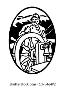 Sailor At The Helm Vignette - Retro Clipart Illustration