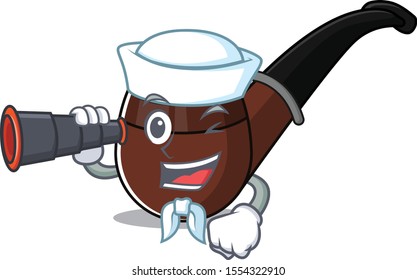 sailor holding binocular cartoon character style with smoke pipe