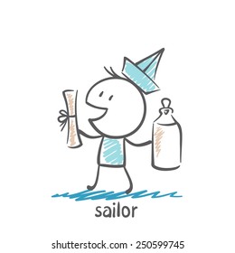 sailor holding a bottle and an illustration