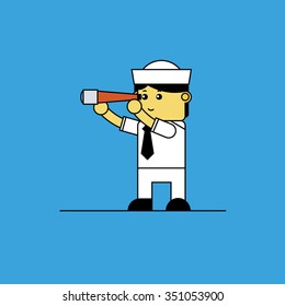 Sailor holding telescope, Cartoon vector illustration.