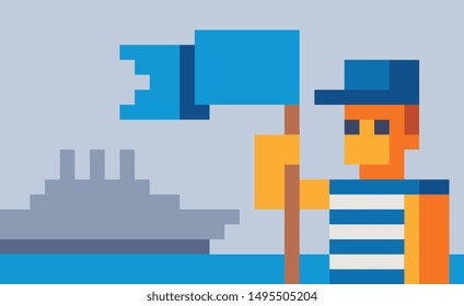 Sailor holds a flag on the background of the sea and the ship pixel art vector illustration. Design for logo, sticker and mobile app.