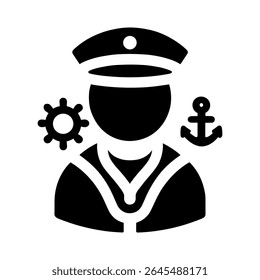 "Sailor Icon with Anchor Hat in Black and White Monochrome Vector Silhouette Style"