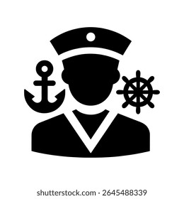 "Sailor Icon with Anchor Hat in Black and White Monochrome Vector Silhouette Style"