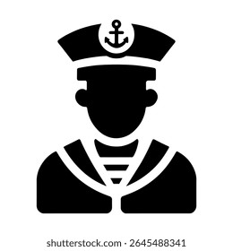 "Sailor Icon with Anchor Hat in Black and White Monochrome Vector Silhouette Style"