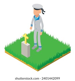 Sailor icon isometric vector. Faceless seaman character stand near friend grave. Military cemetery, remembrance day