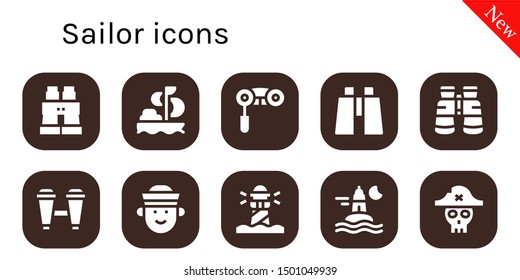 sailor icon set. 10 filled sailor icons.  Collection Of - Binoculars, Sailing, Sailor, Lighthouse, Ocean, Pirate