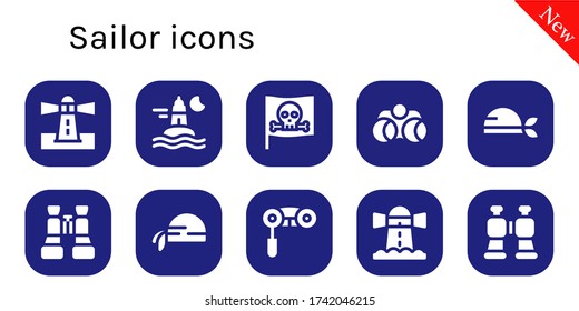sailor icon set. 10 filled sailor icons.  Simple modern icons such as: Lighthouse, Ocean, Pirate, Binoculars, Pirate scarf