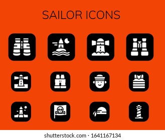 sailor icon set. 12 filled sailor icons.  Simple modern icons such as: Binoculars, Lighthouse, Ocean, Pirate, Sailor, Pirate scarf