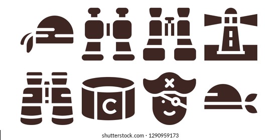  sailor icon set. 8 filled sailor icons. Simple modern icons about  - Binoculars, Pirate scarf, Captain, Pirate, Lighthouse