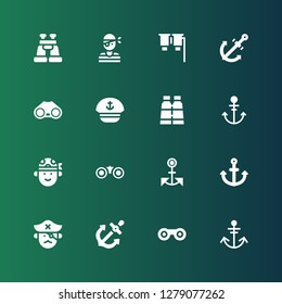 sailor icon set. Collection of 16 filled sailor icons included Anchor, Binoculars, Pirate, Sailor