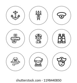 Sailor icon set. collection of 9 outline sailor icons with anchor, captain, binoculars, eye patch, eyepatch, pirates icons. editable icons.