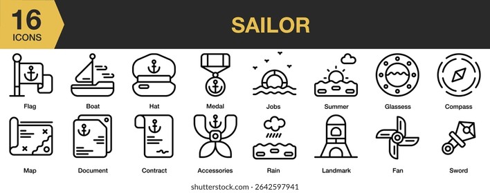 Conjunto de ícones de marinheiro. Inclui marinheiro, mar, marinho, navio, oceano, náutico e muito mais. Contornar coleção de vetores de ícones.