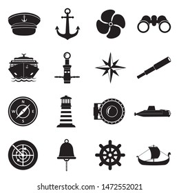 Sailor Icons. Black Flat Design. Vector Illustration.