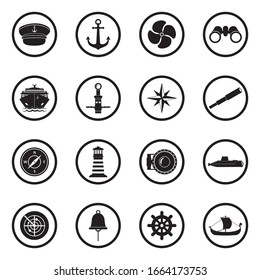 Sailor Icons. Black Flat Design In Circle. Vector Illustration.