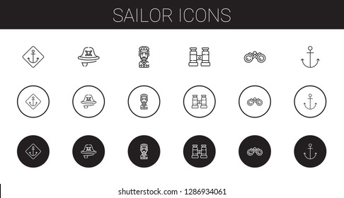 sailor icons set. Collection of sailor with anchor, pirate, captain, binocular, binoculars. Editable and scalable sailor icons.