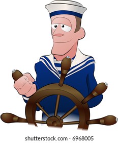 sailor illustration. An illustration of a handsome strong jawed sailor at the ships wheel