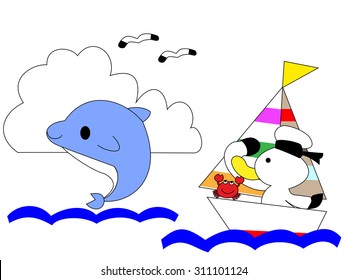 The sailor introduces itself to a dolphin