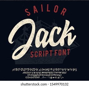 Sailor Jack. Script font. Vintage handmade typeface. Original hand made font and logotype. Retro and vintage hadmade logo and font. Print on clothes, sticker.